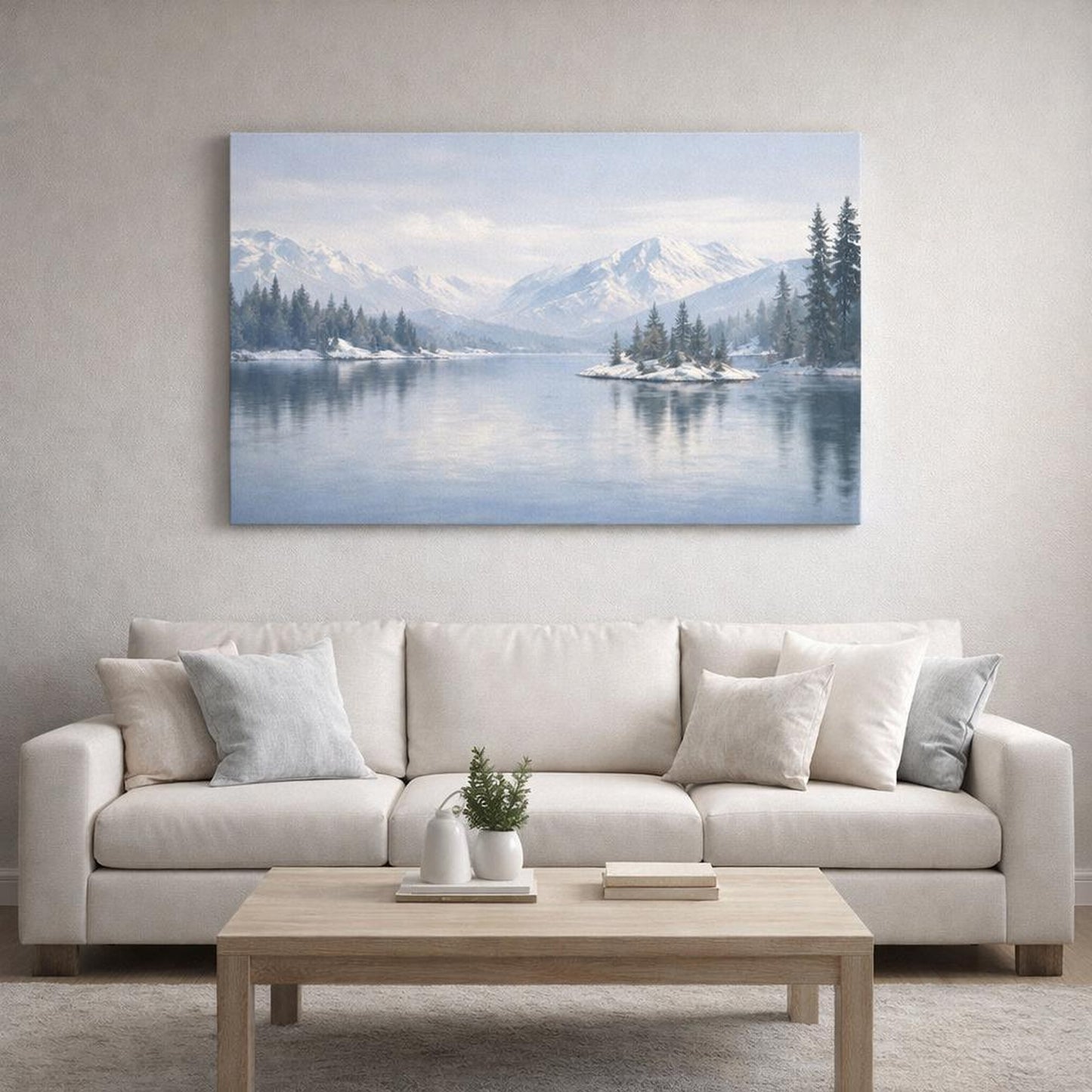 Mono Luxury Winter Lake shown as canvas wall art in a refined dining room