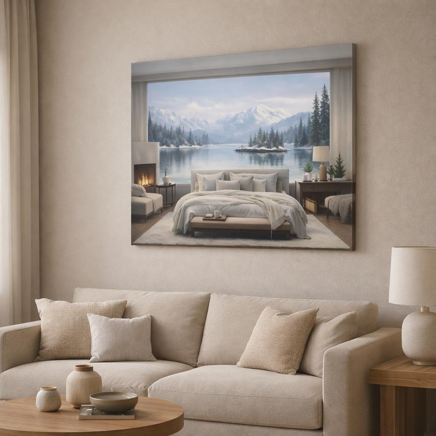 Mono Luxury Winter Lake shown as canvas wall art in a modern living room