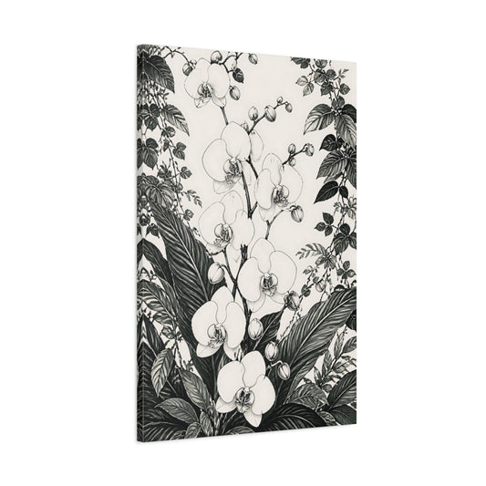 Main Mockup. Monochrome Orchid Study shown as canvas print