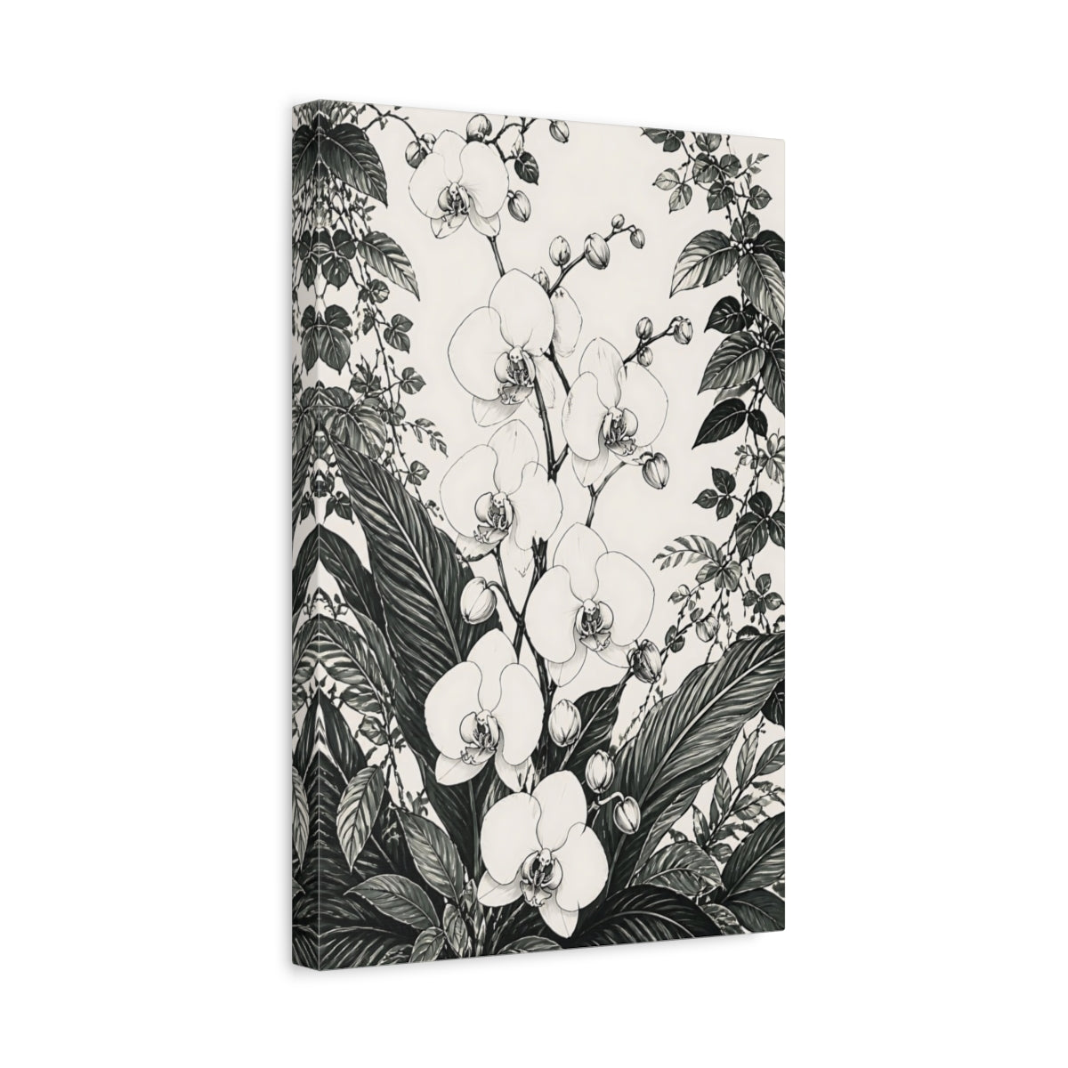 Side Mockup 4. Monochrome Orchid Study shown as canvas print