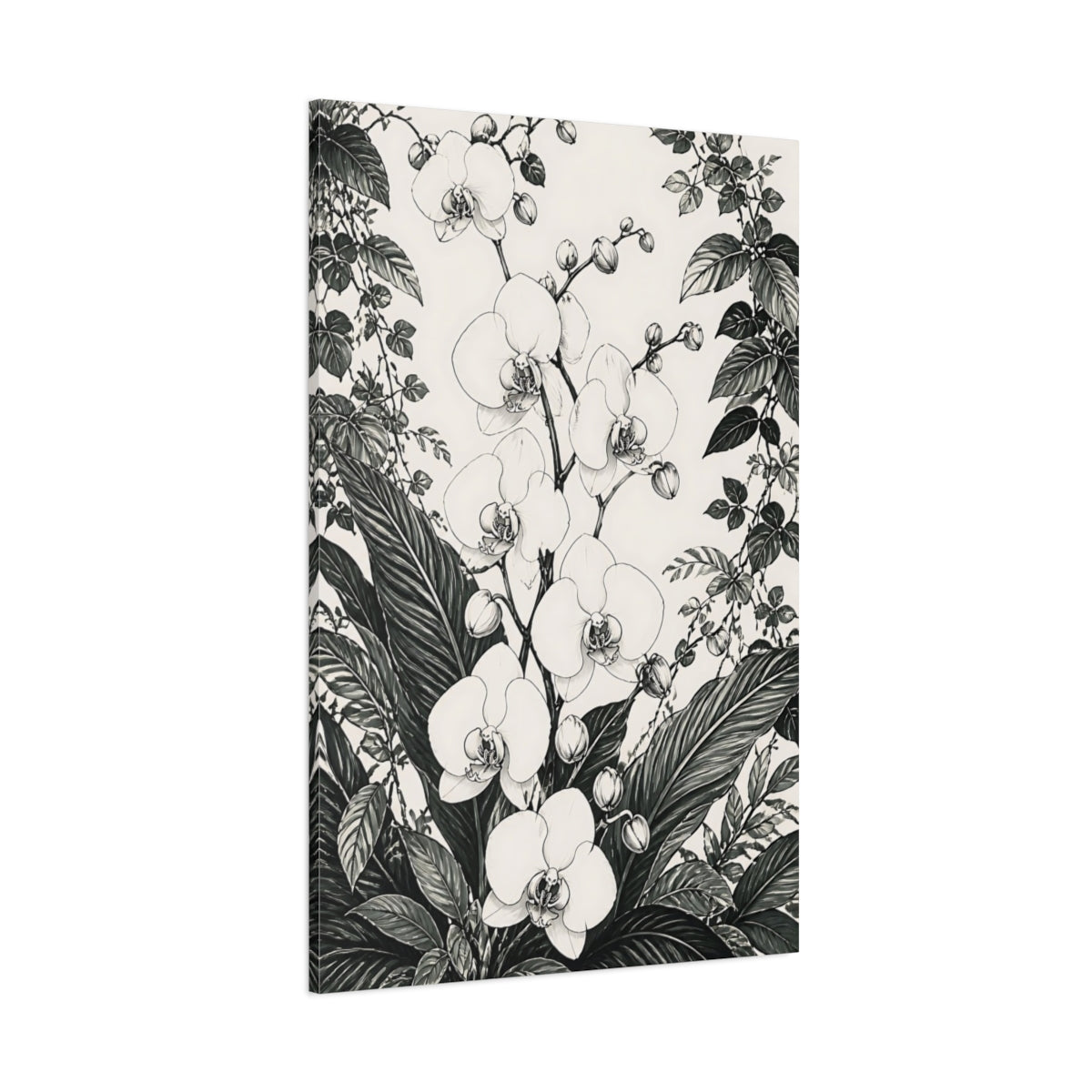 Side Mockup 1. Monochrome Orchid Study shown as canvas print