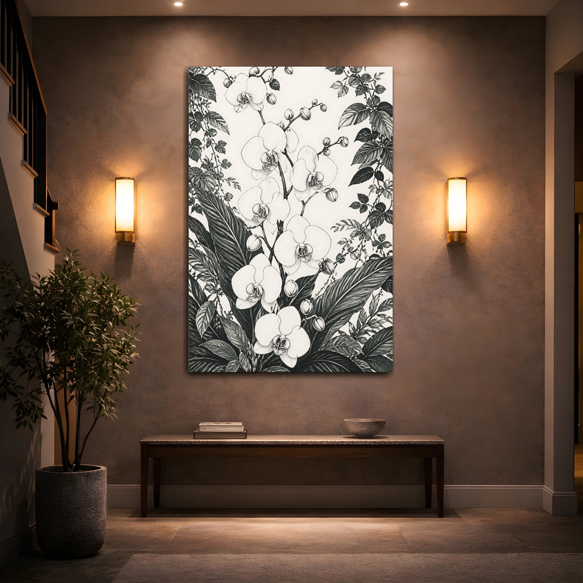 Mockup 2. Monochrome Orchid Study shown as canvas print