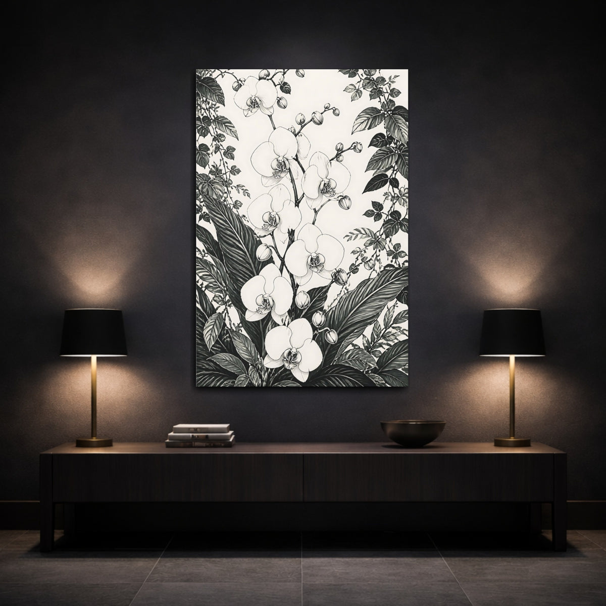 Mockup 3. Monochrome Orchid Study shown as canvas print