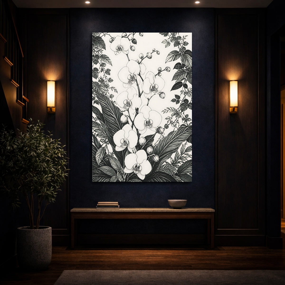 Mockup 4. Monochrome Orchid Study shown as canvas print