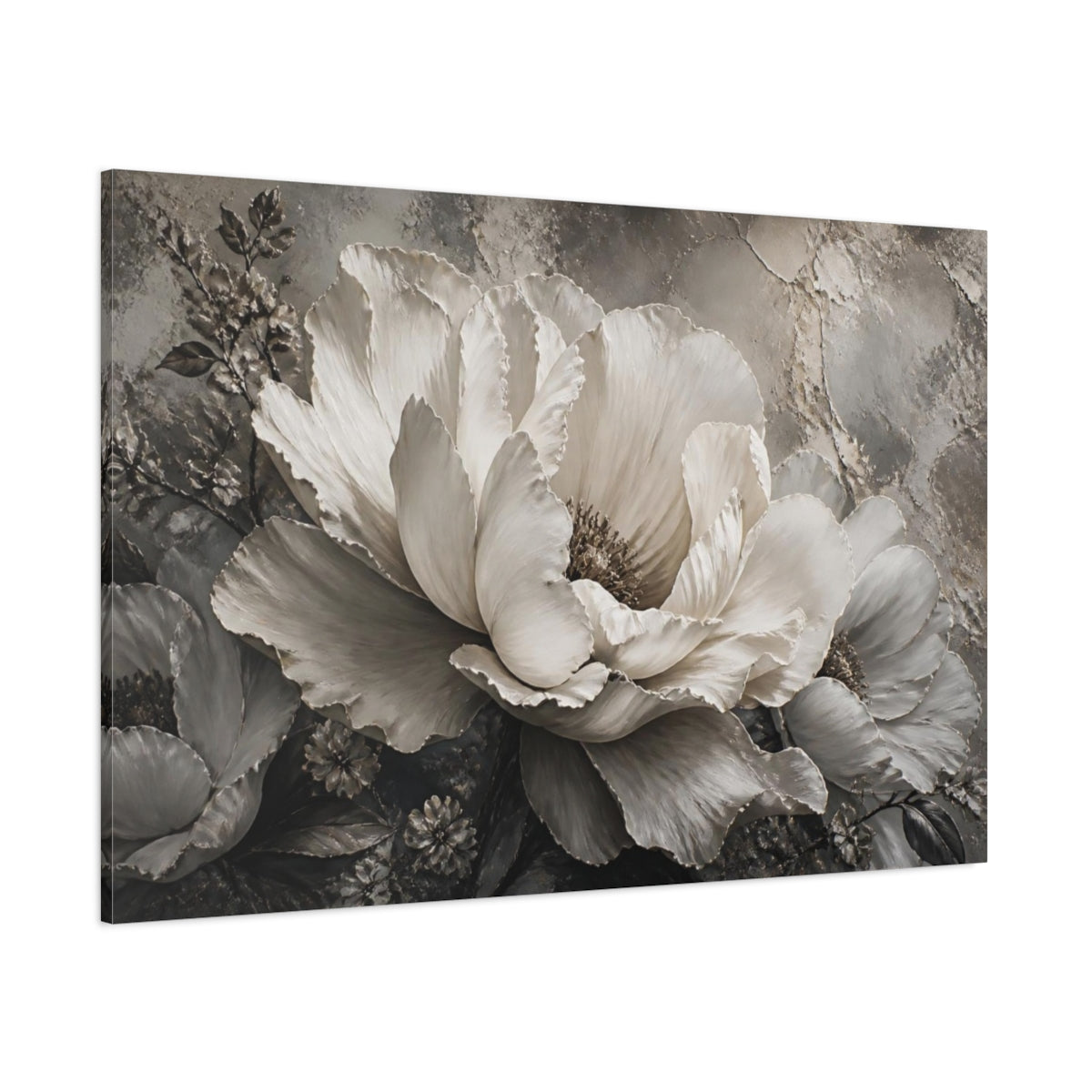 Side Mockup 1. Monochrome Peony Flower shown as canvas print