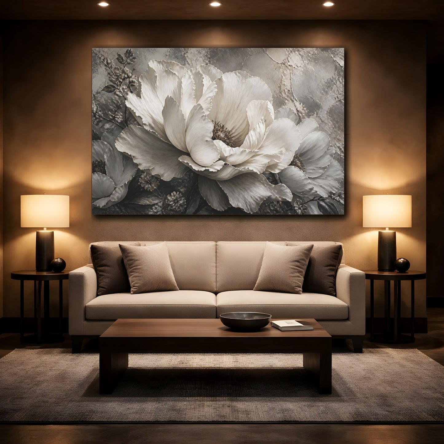Mockup 2. Monochrome Peony Flower shown as canvas print