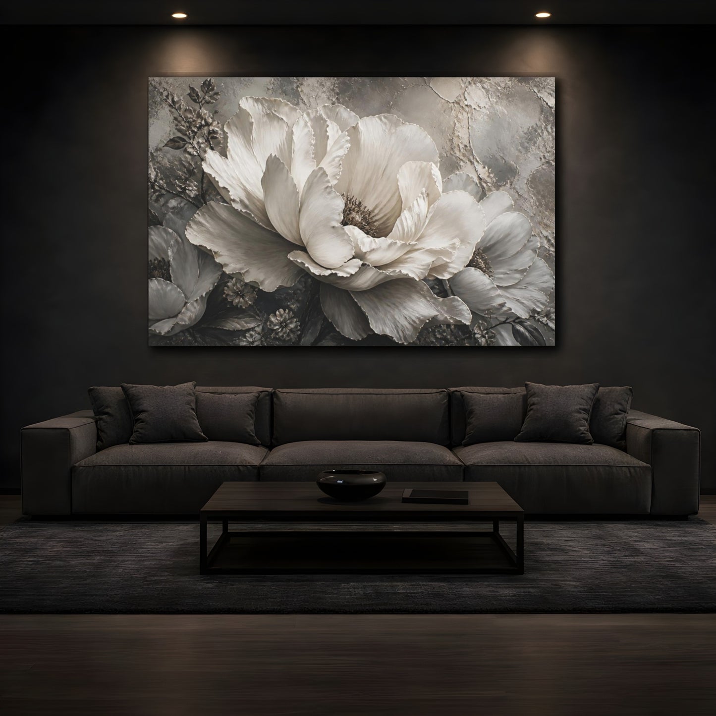 Mockup 3. Monochrome Peony Flower shown as canvas print