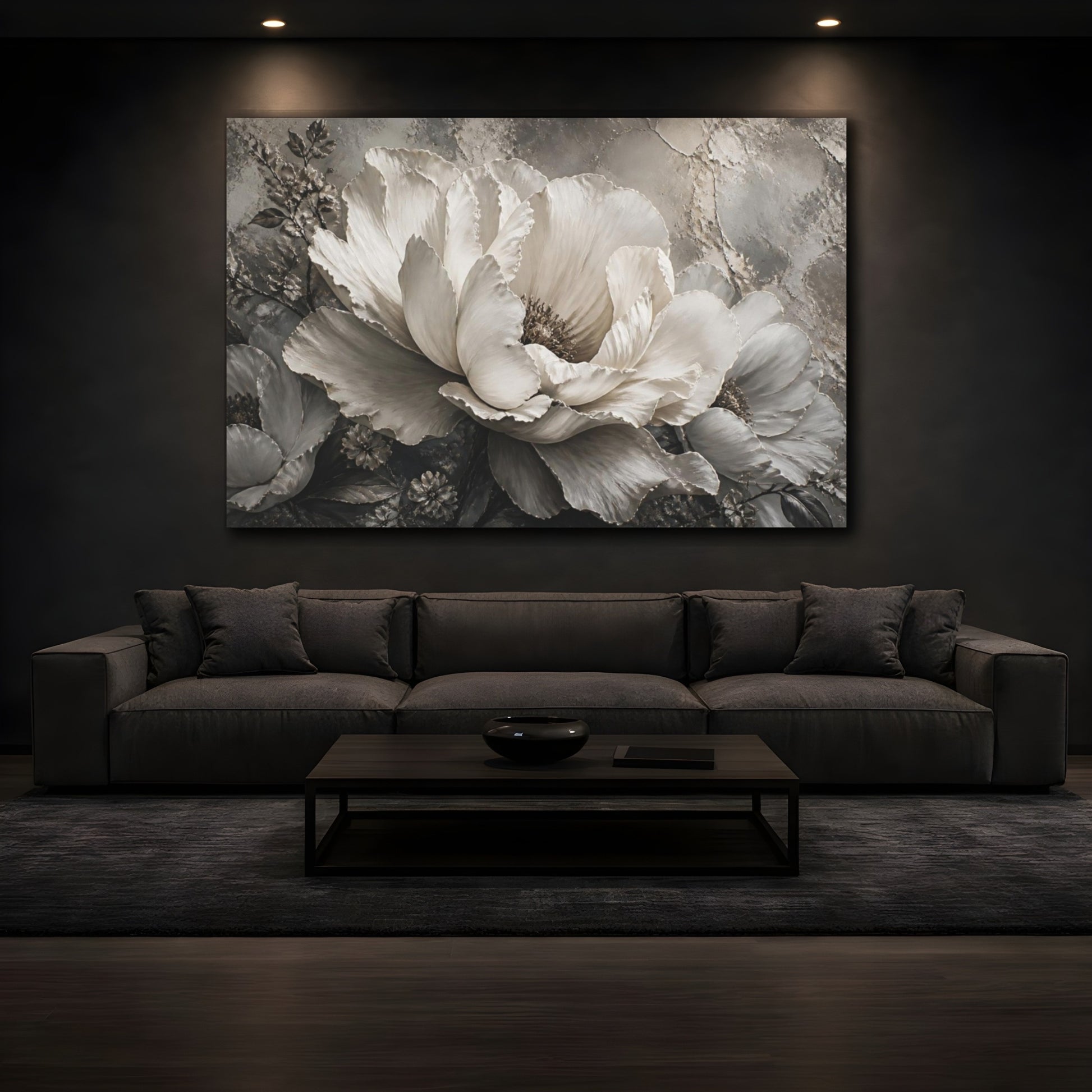 Mockup 3. Monochrome Peony Flower shown as canvas print