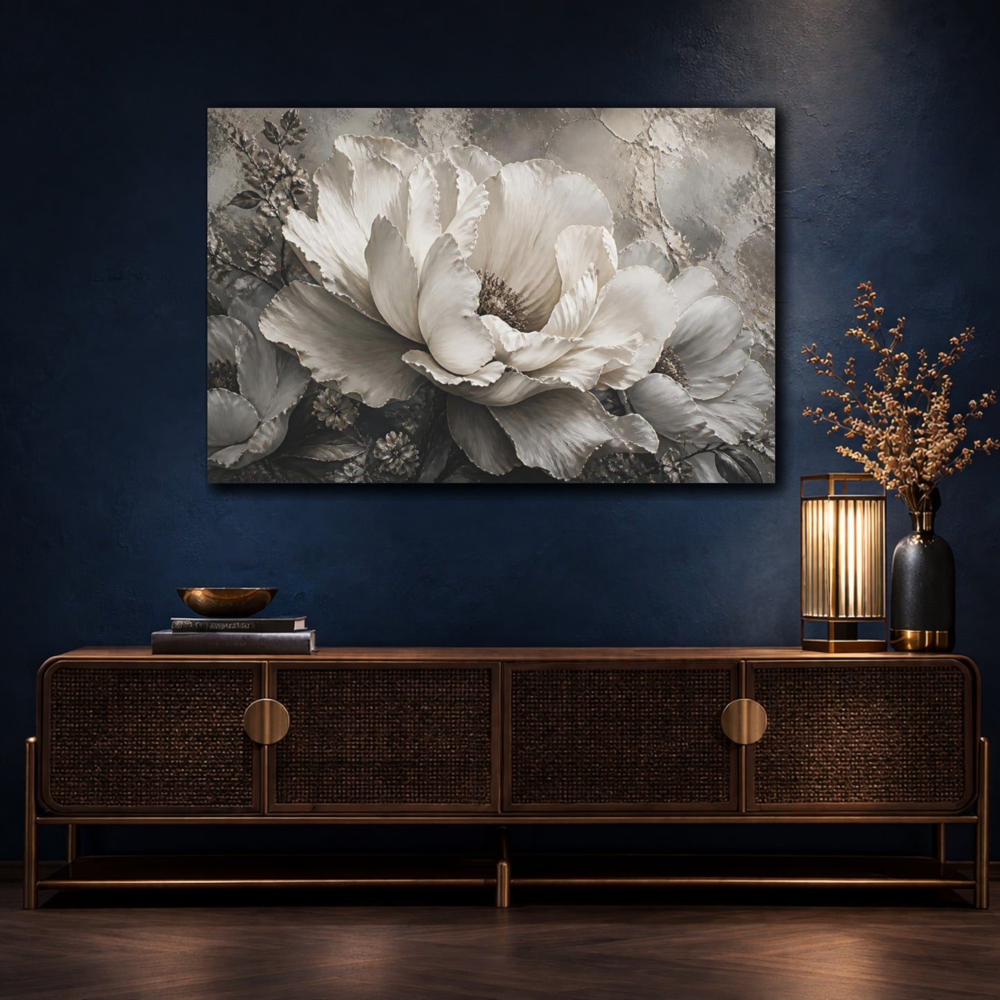 Mockup 4. Monochrome Peony Flower shown as canvas print