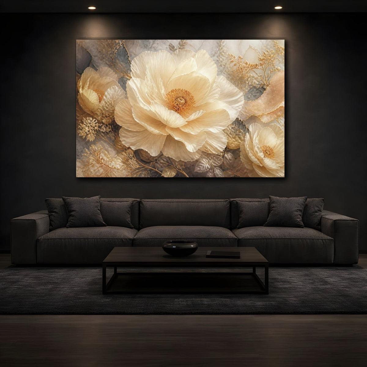 Monumental Cream Flower Canvas Print – Living Room, Above Sofa, Gold - YesArtYes