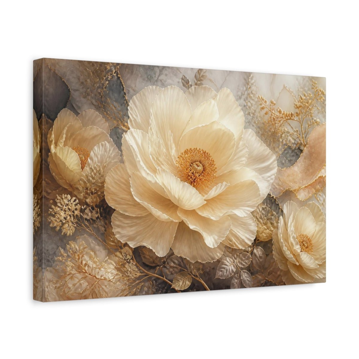Monumental Cream Flower Canvas Print – Living Room, Above Sofa, Gold - YesArtYes
