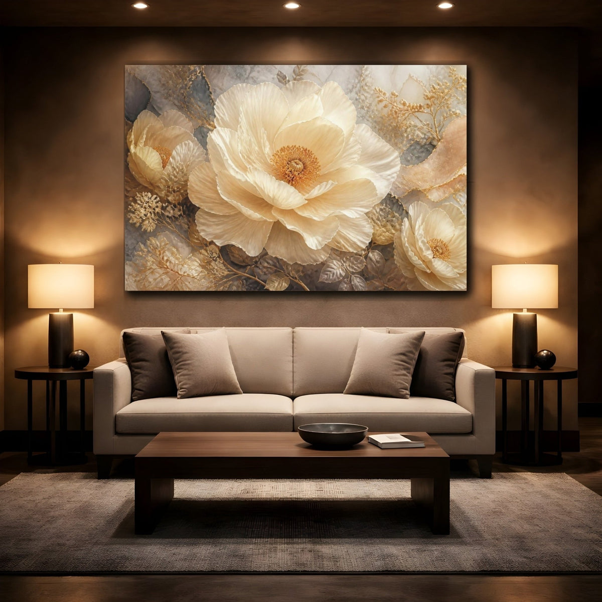 Monumental Cream Flower Canvas Print – Living Room, Above Sofa, Gold - YesArtYes