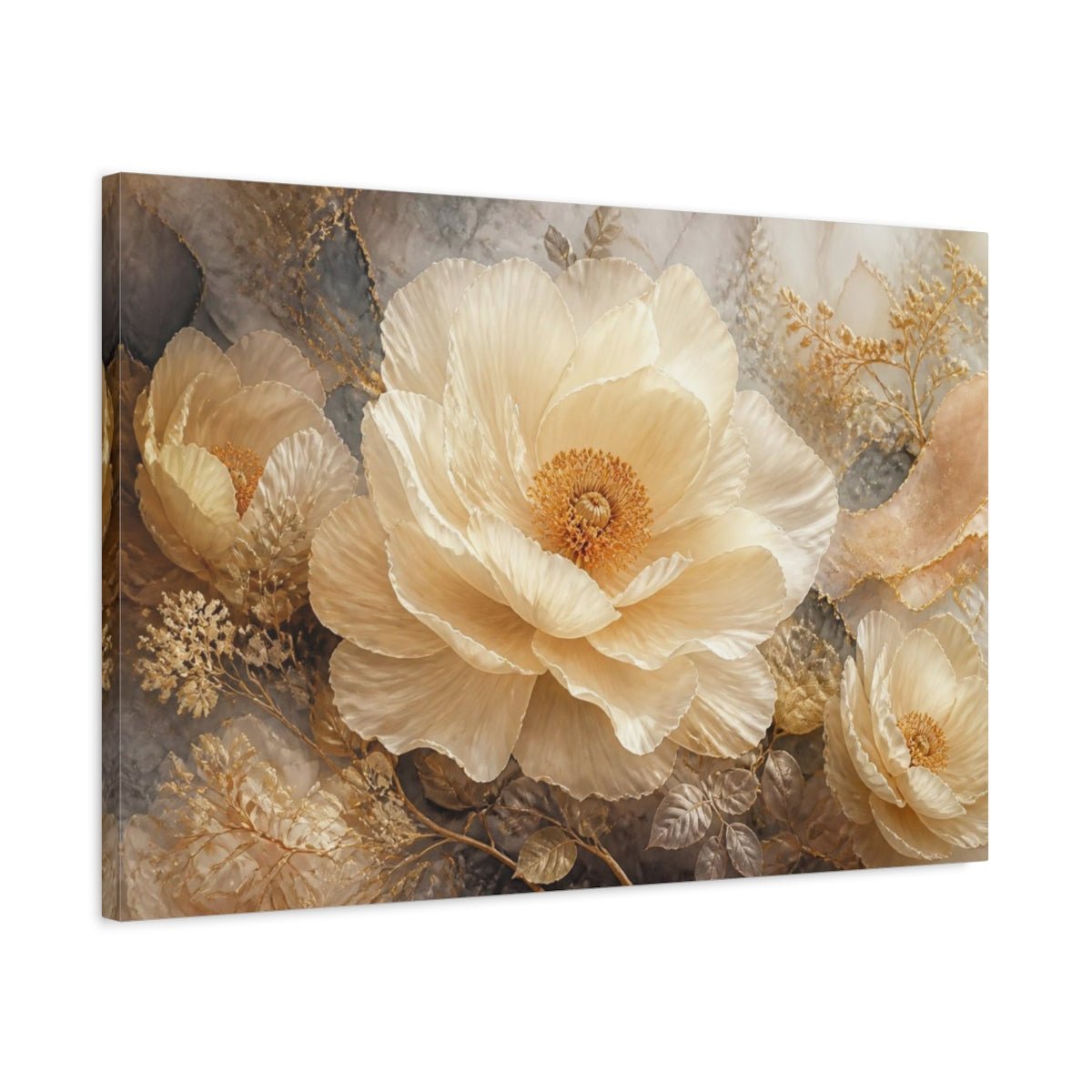 Monumental Cream Flower Canvas Print – Living Room, Above Sofa, Gold - YesArtYes