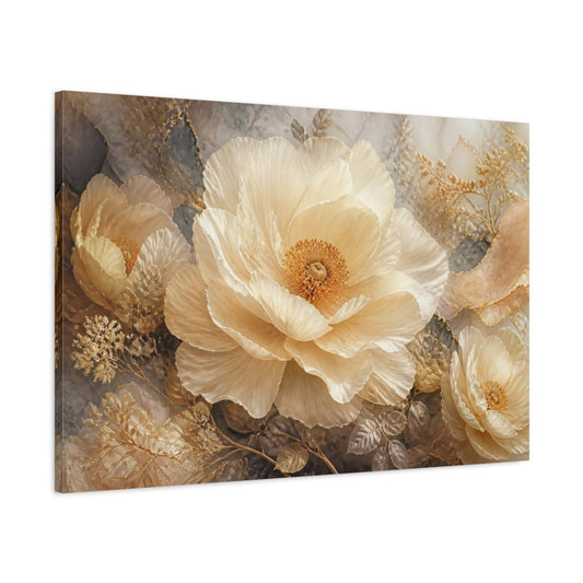Monumental Cream Flower Canvas Print – Living Room, Above Sofa, Gold - YesArtYes