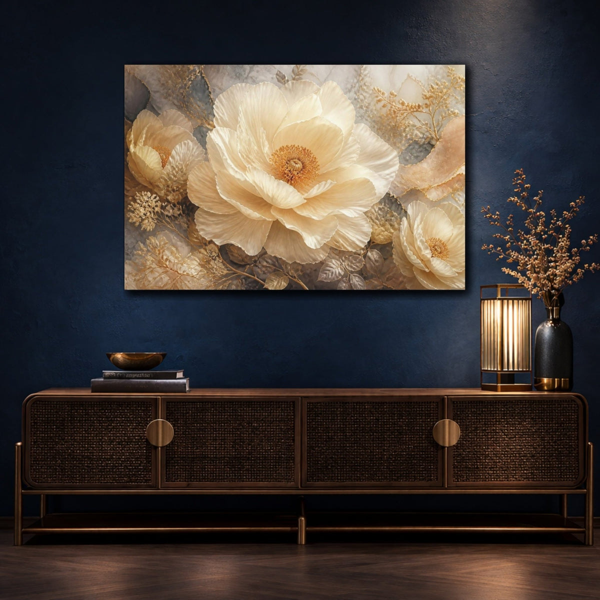 Monumental Cream Flower Canvas Print – Living Room, Above Sofa, Gold - YesArtYes