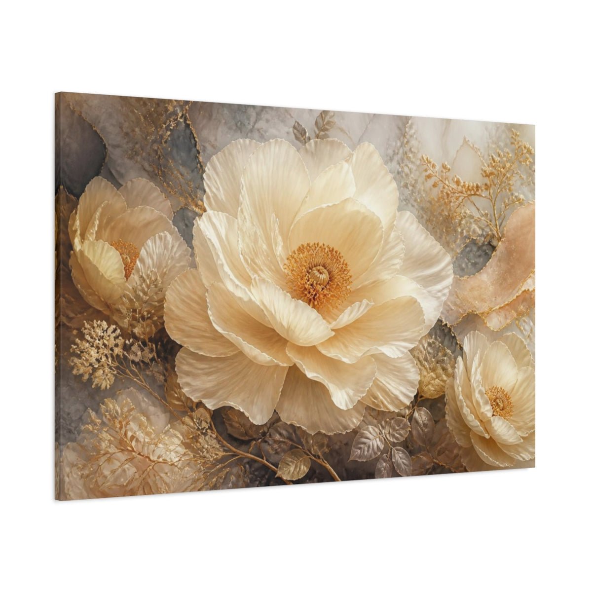 Monumental Cream Flower Canvas Print – Living Room, Above Sofa, Gold - YesArtYes