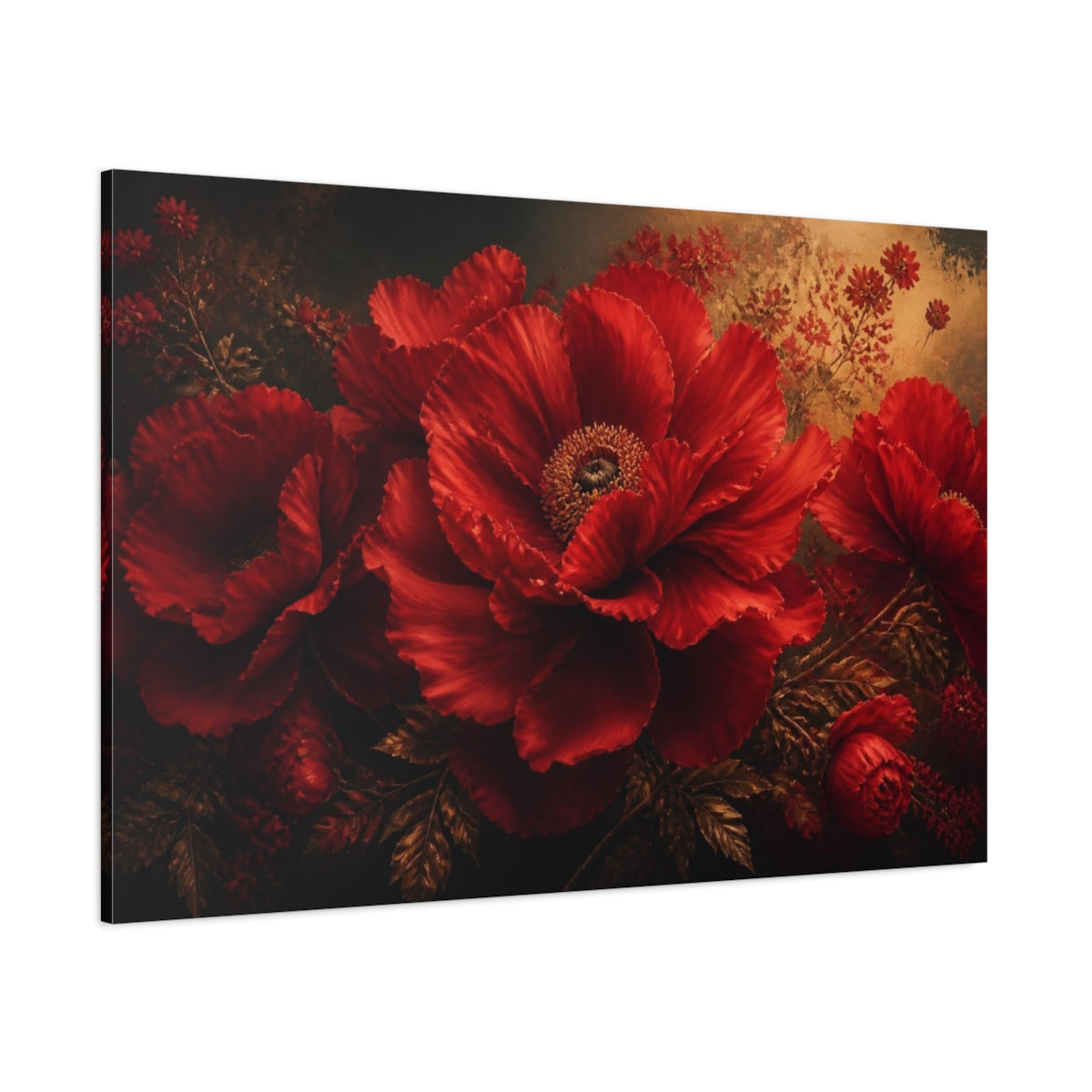 Side Mockup 1. Monumental Scarlet Bloom shown as canvas print