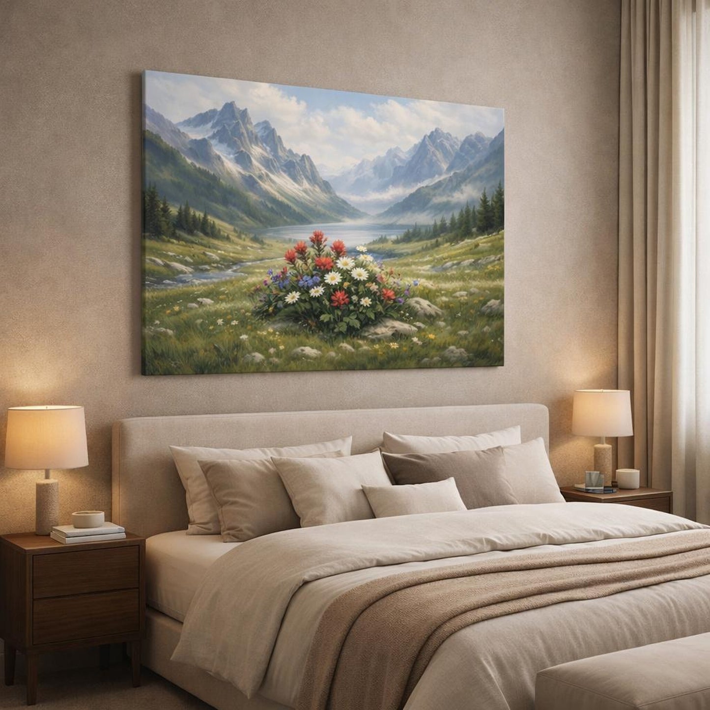 Moody Alpine Meadow shown as canvas wall art in a luxury bedroom