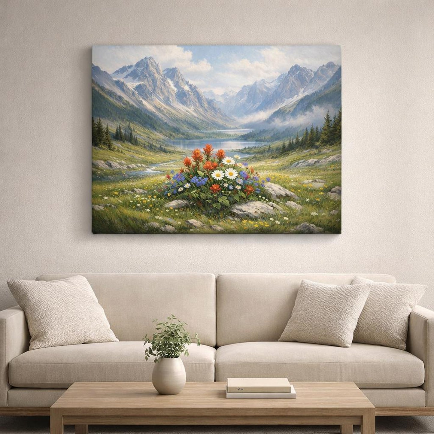 Moody Alpine Meadow shown as canvas wall art in a refined dining room