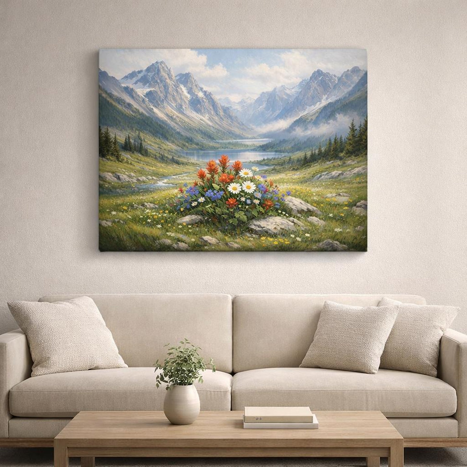 Moody Alpine Meadow shown as canvas wall art in a refined dining room