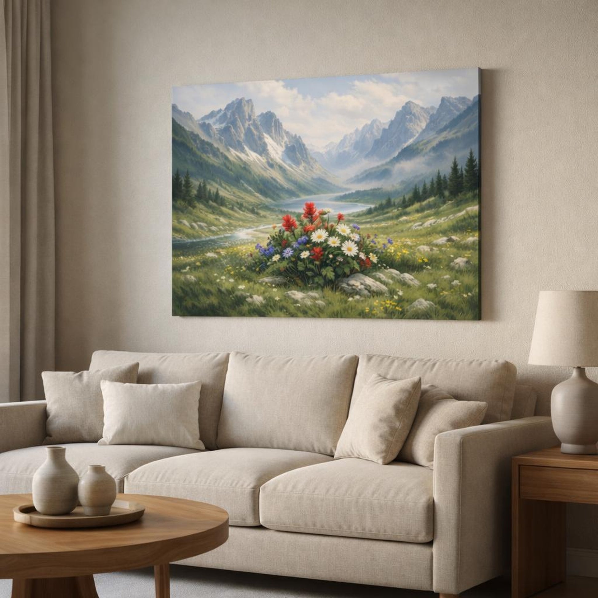 Moody Alpine Meadow shown as canvas wall art in a modern living room