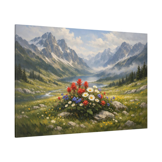 Moody Alpine Meadow shown as stretched canvas wall art
