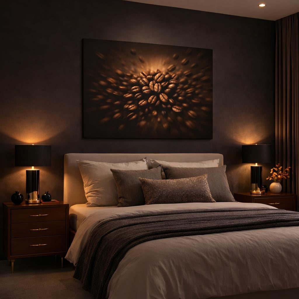 Moody Coffee Beans shown as canvas wall art in a luxury bedroom