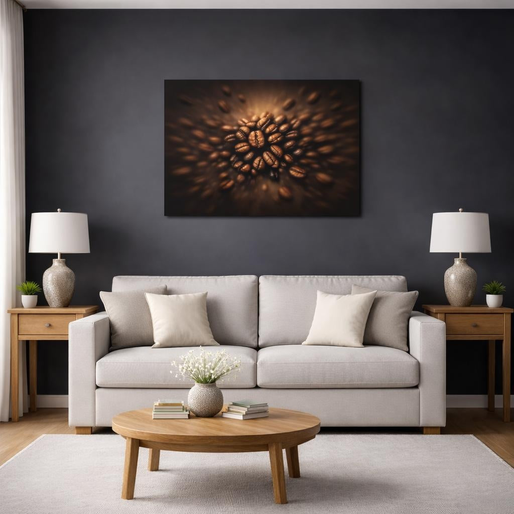 Moody Coffee Beans shown as canvas wall art in a modern living room