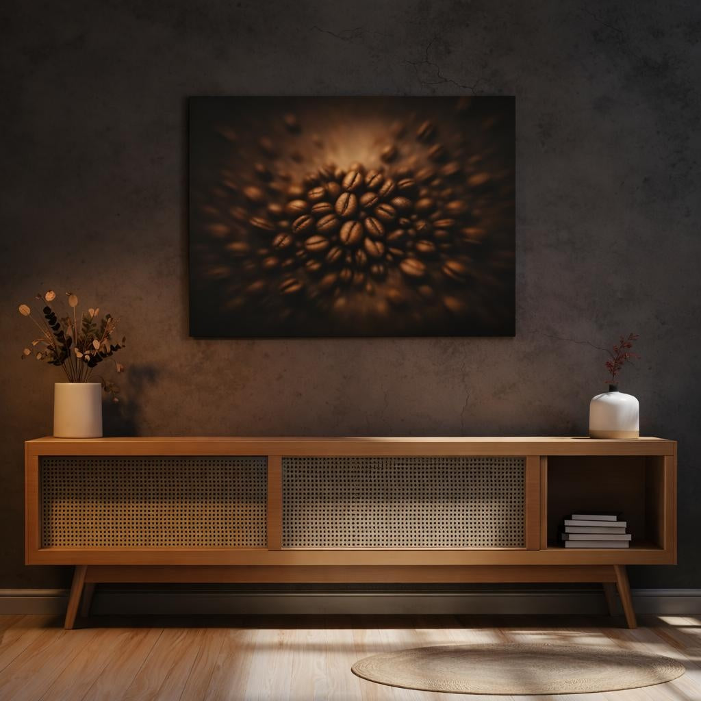 Moody Coffee Beans shown as canvas wall art in an elegant contemporary kitchen