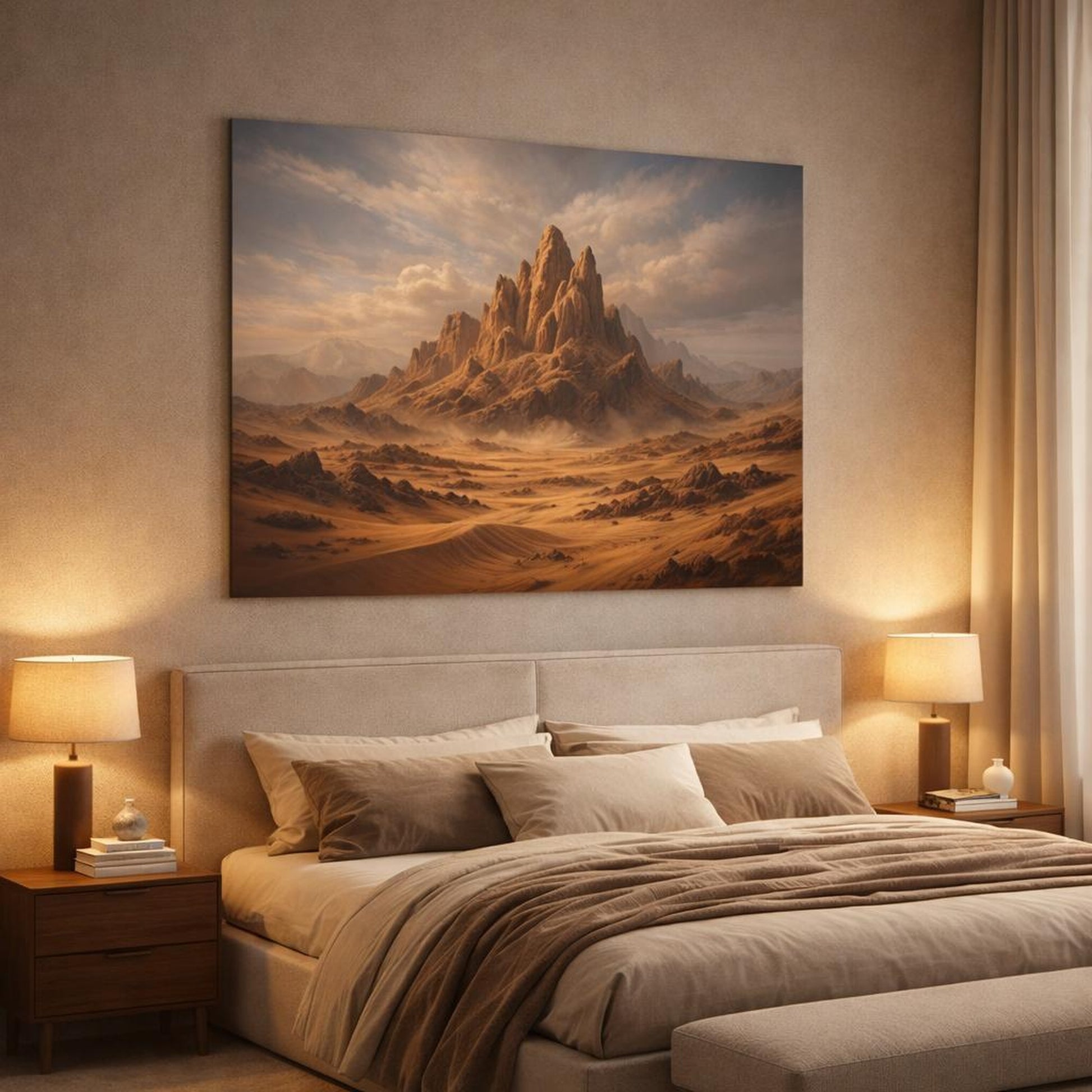 Moody Desert Earth shown as canvas wall art in a luxury bedroom