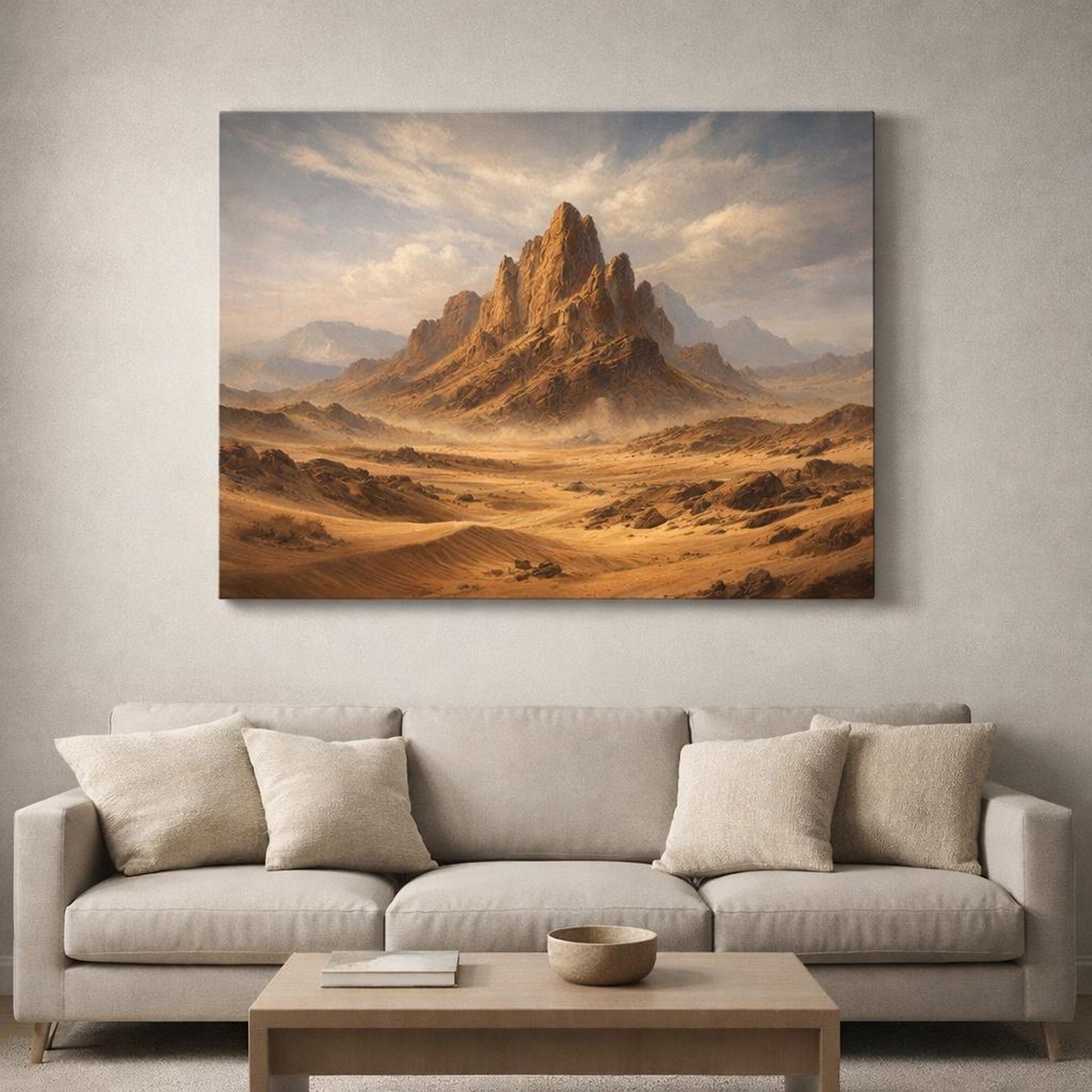 Moody Desert Earth shown as canvas wall art in a refined dining room