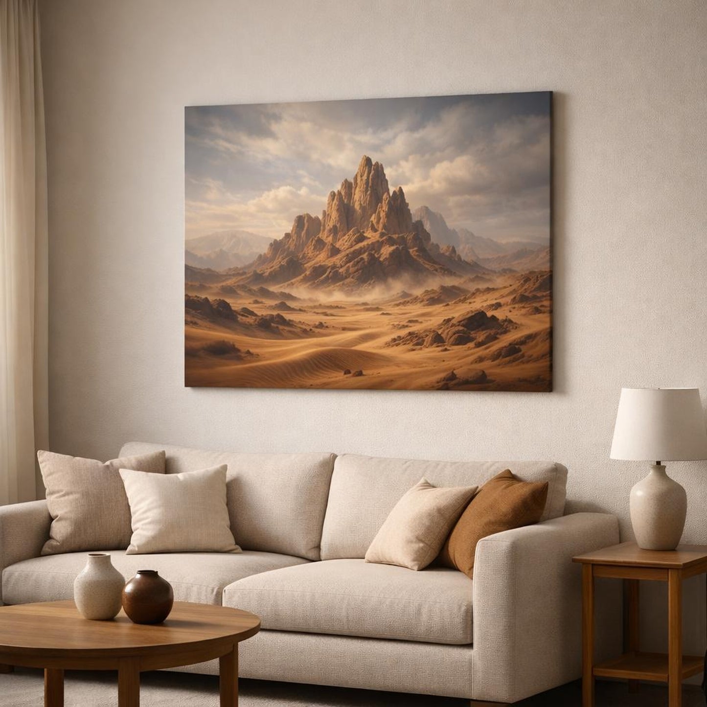 Moody Desert Earth shown as canvas wall art in a modern living room