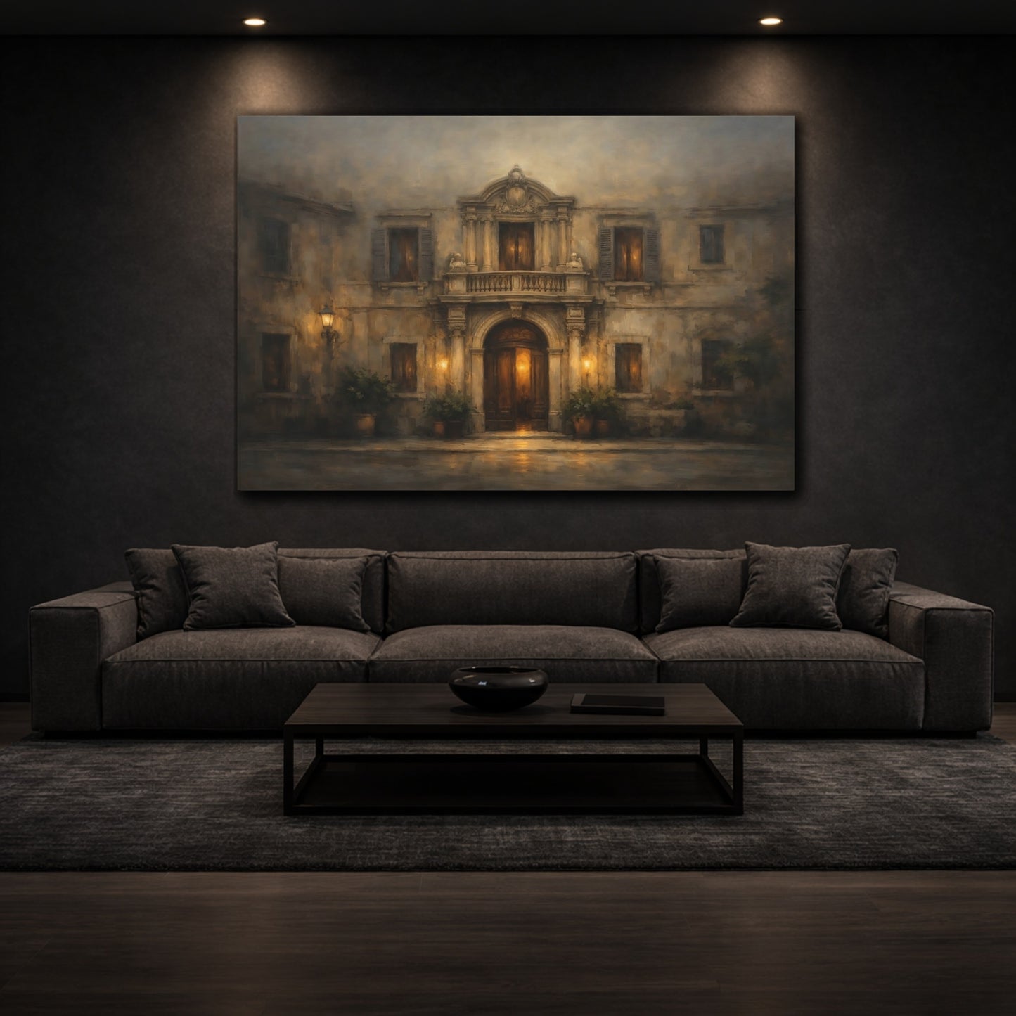 Mockup 2. Moody Facade Pattern Horizontal Layout shown as stretched canvas wall art