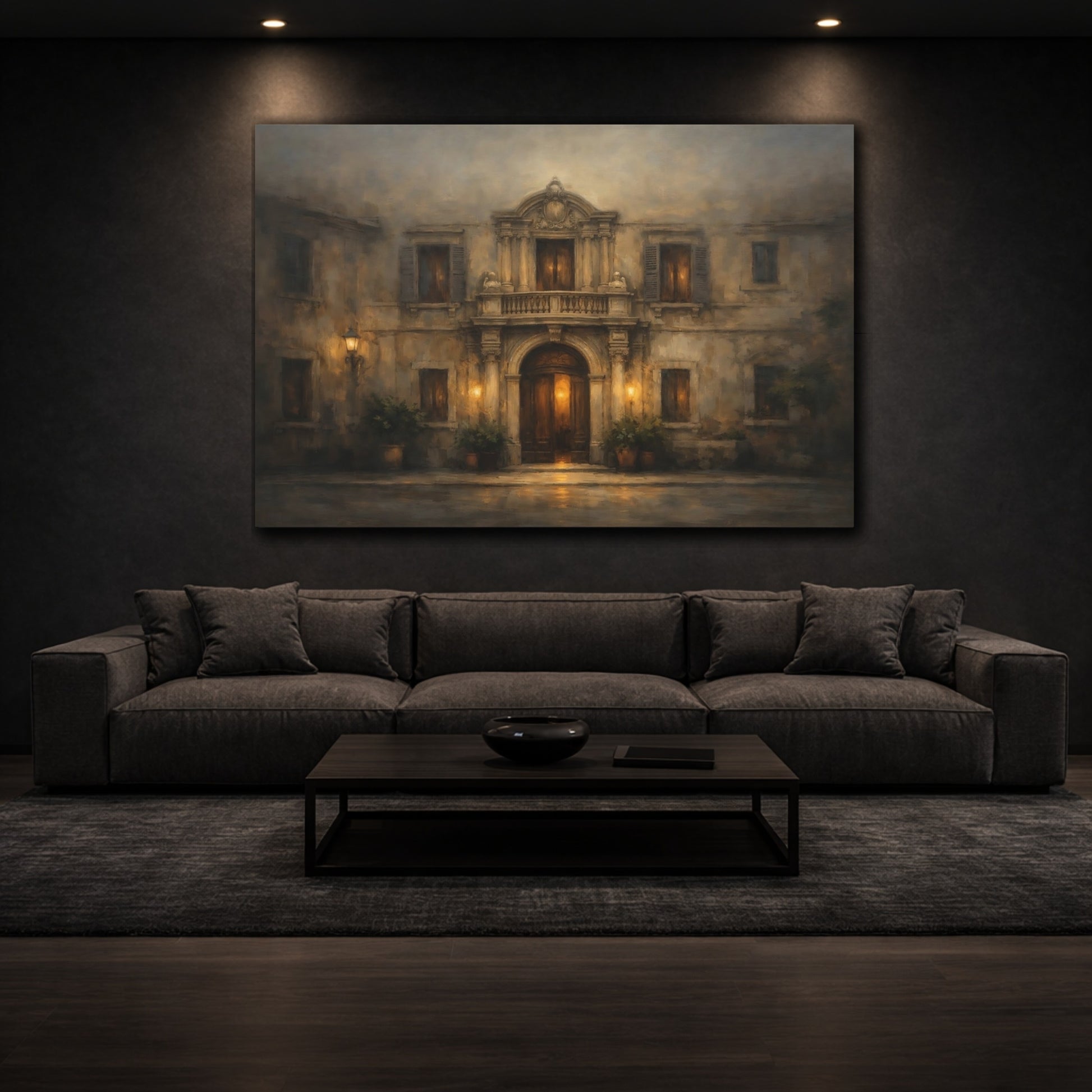 Mockup 2. Moody Facade Pattern Horizontal Layout shown as stretched canvas wall art