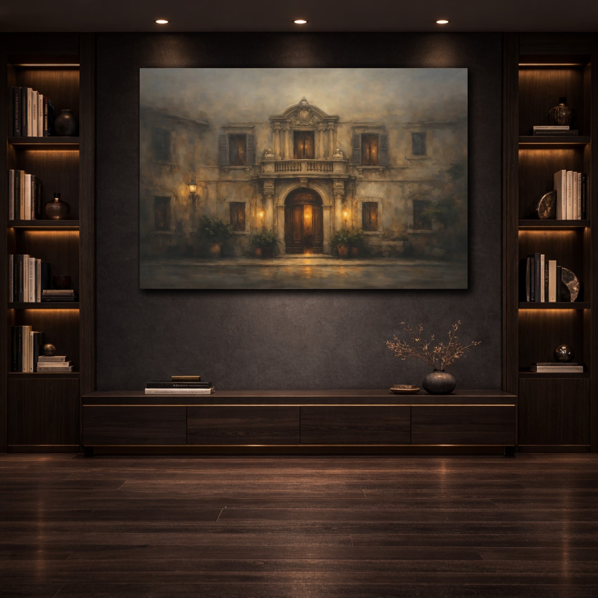Mockup 3. Moody Facade Pattern Horizontal Layout shown as stretched canvas wall art