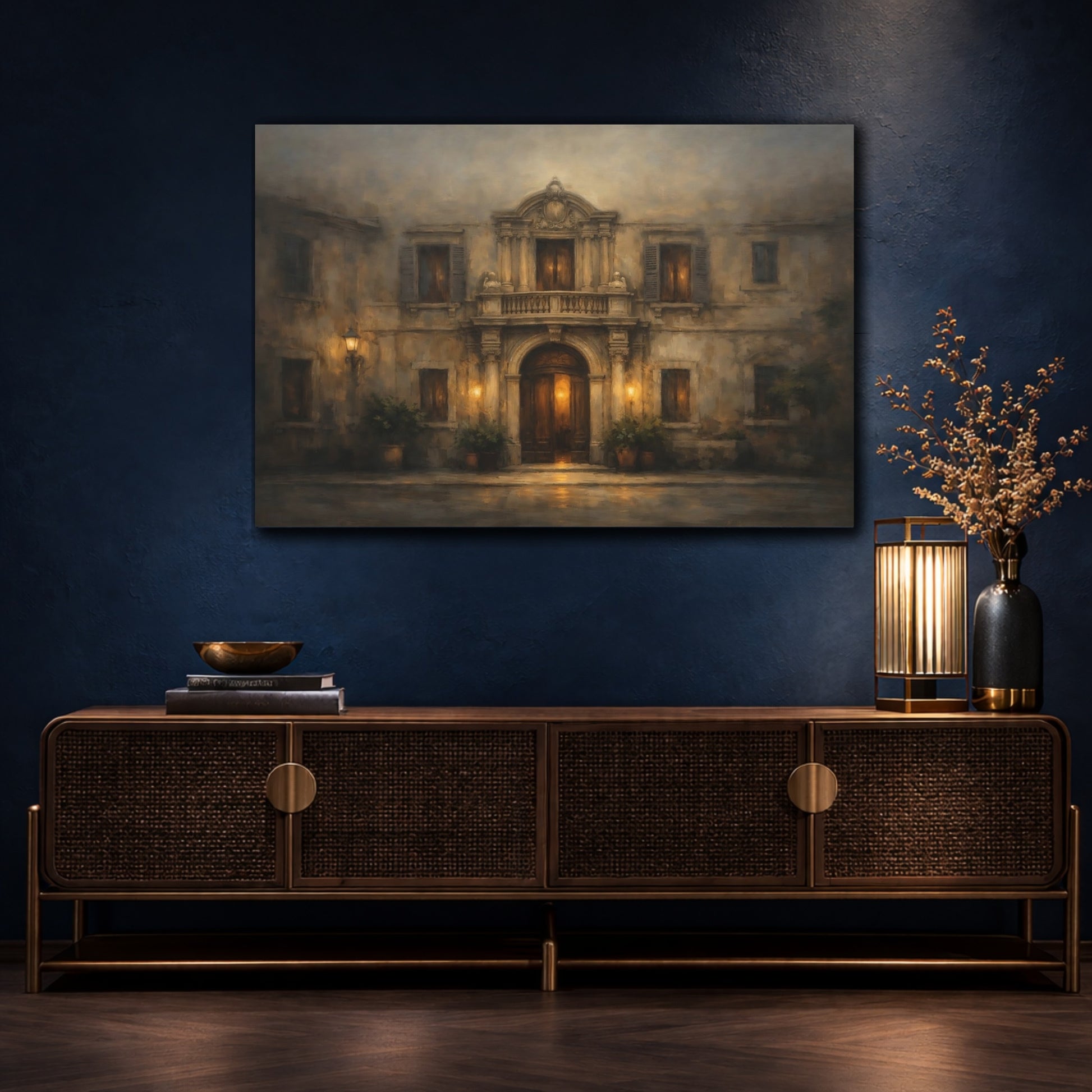 Mockup 4. Moody Facade Pattern Horizontal Layout shown as stretched canvas wall art