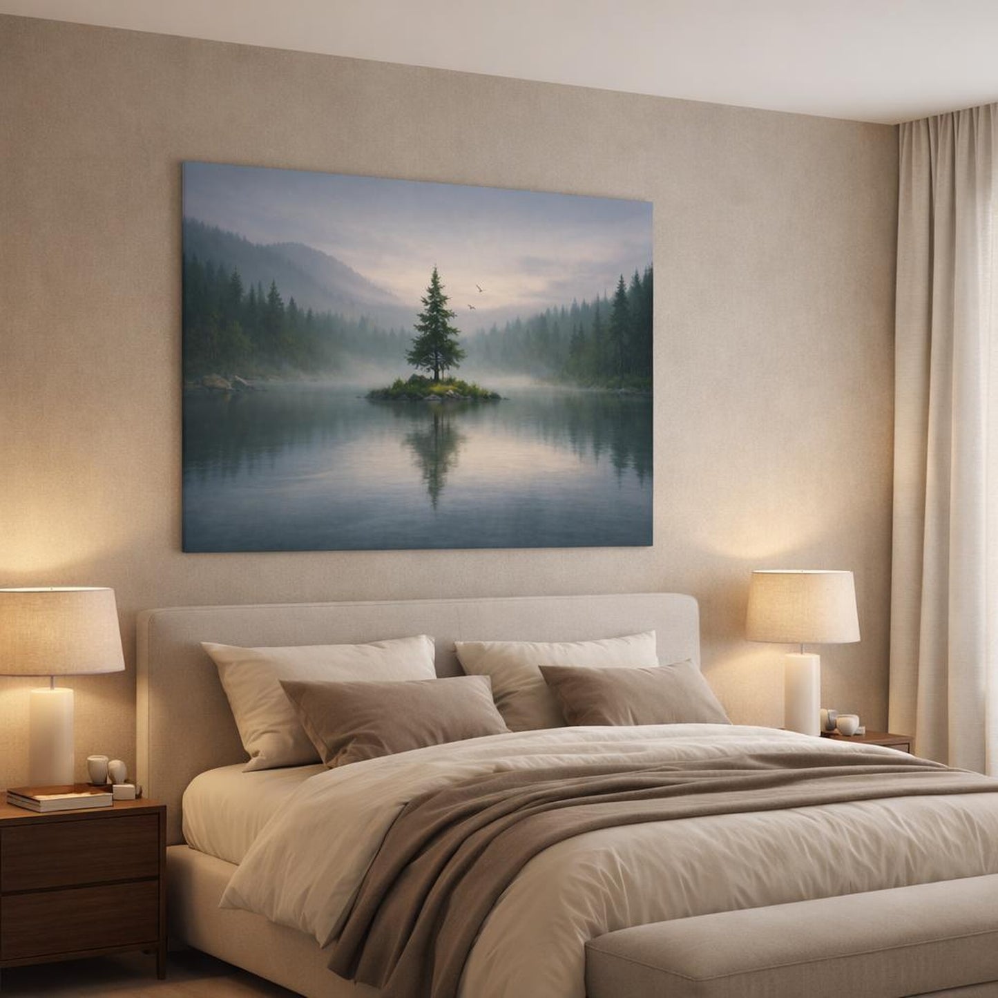 Moody Forest Lake shown as canvas wall art in a luxury bedroom