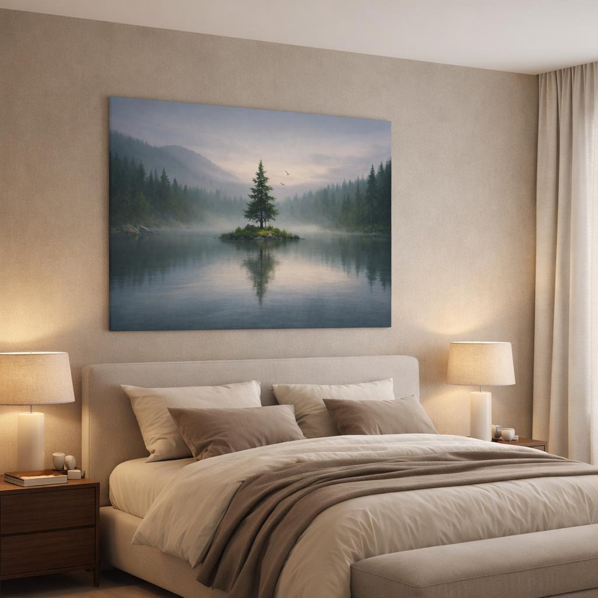 Moody Forest Lake shown as canvas wall art in a luxury bedroom