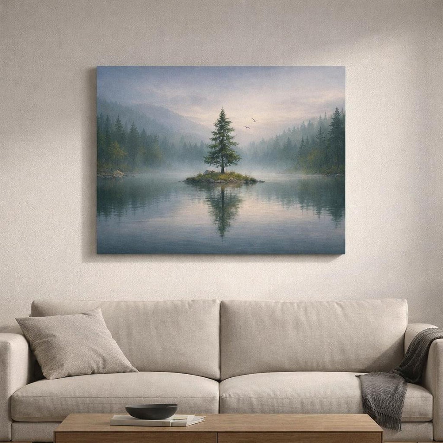 Moody Forest Lake shown as canvas wall art in a refined dining room