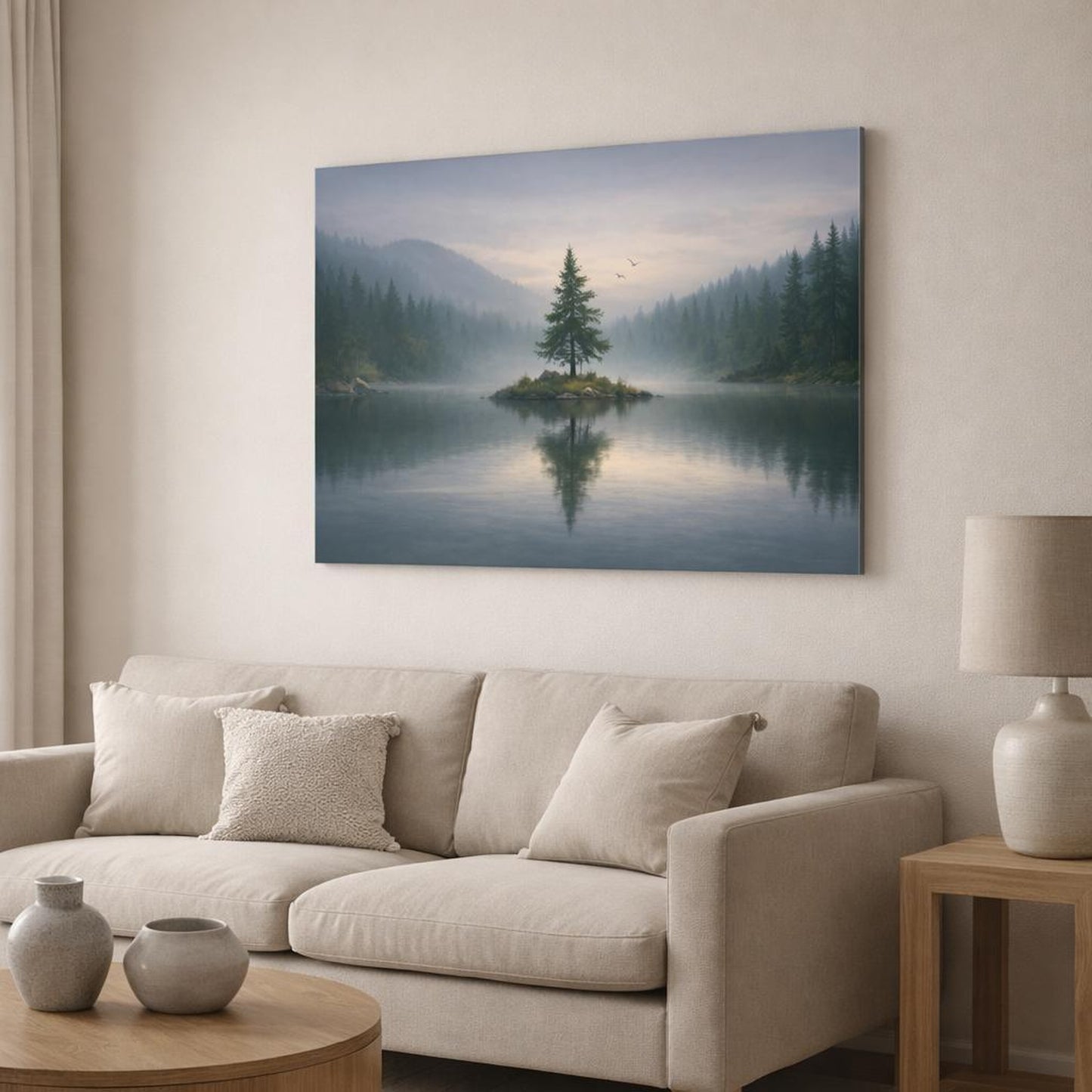 Moody Forest Lake shown as canvas wall art in a modern living room