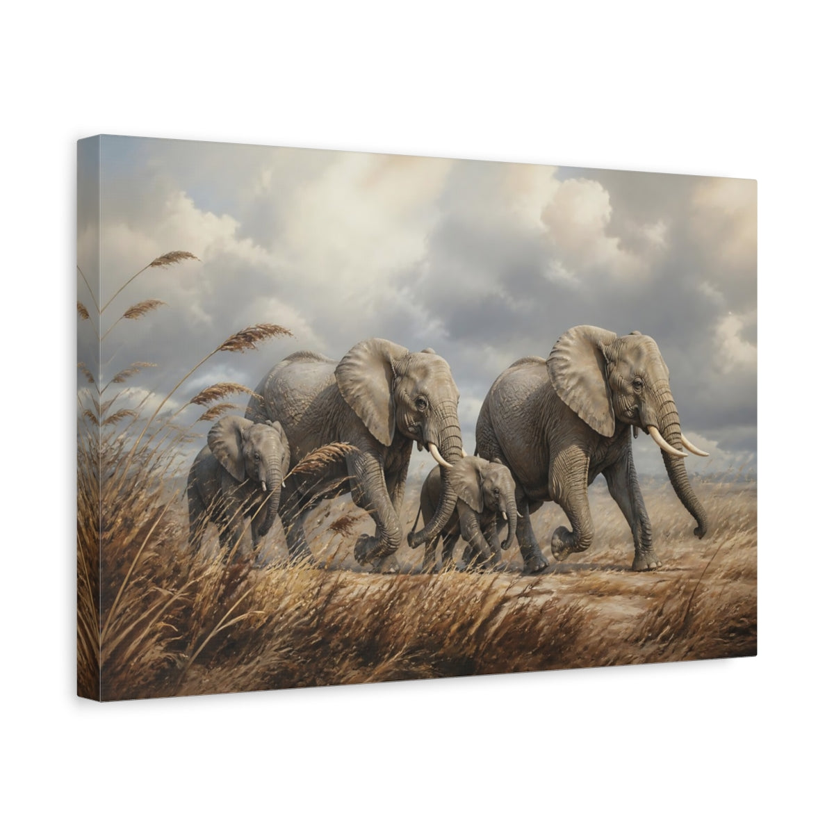 Side Mockup 4. Moody Luxury Realism Elephants Among Windblown Reeds shown as stretched canvas wall art