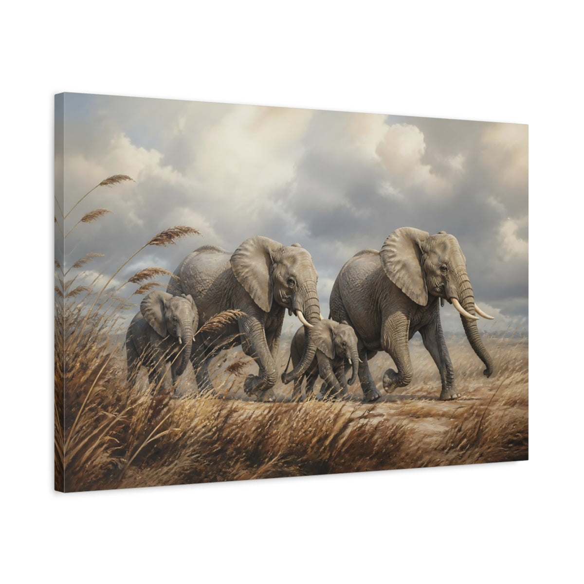 Side Mockup 2. Moody Luxury Realism Elephants Among Windblown Reeds shown as stretched canvas wall art