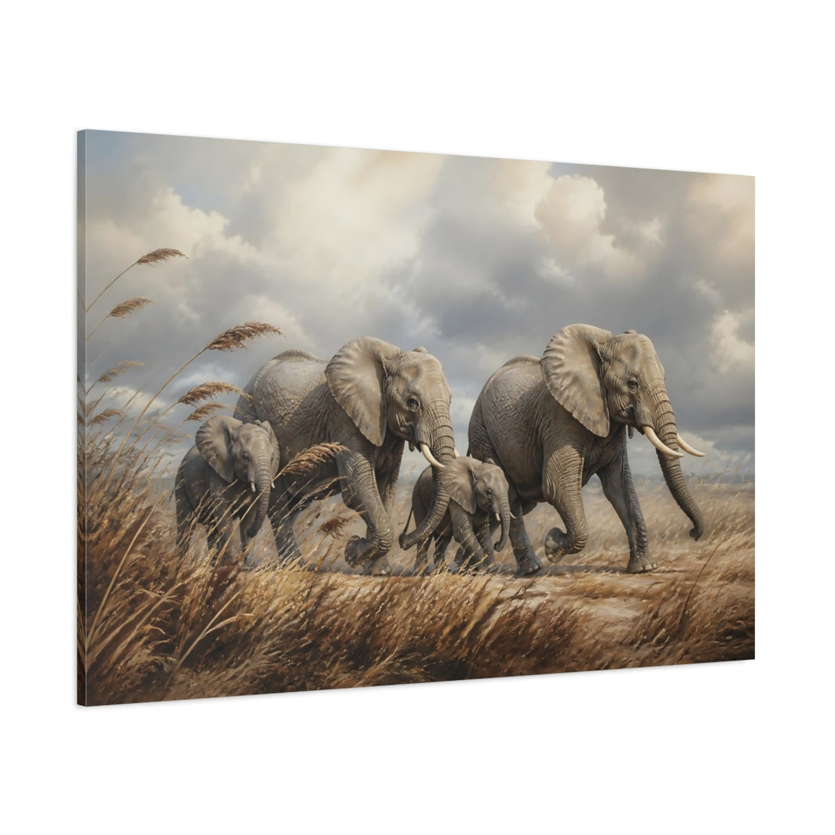 Side Mockup 1. Moody Luxury Realism Elephants Among Windblown Reeds shown as stretched canvas wall art