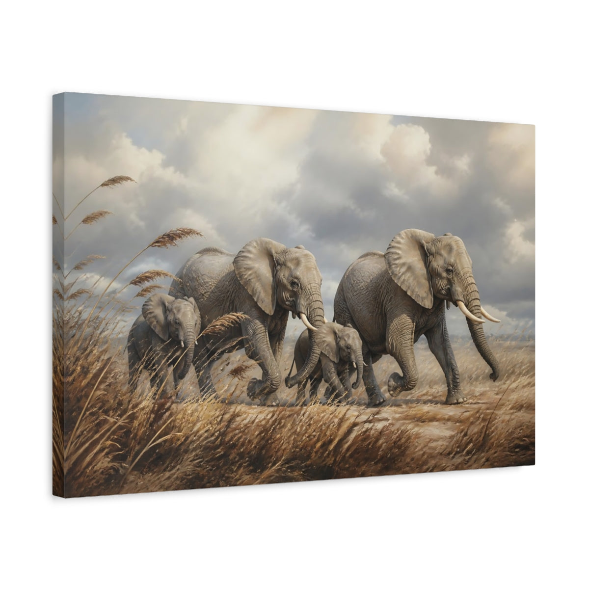Side Mockup 3. Moody Luxury Realism Elephants Among Windblown Reeds shown as stretched canvas wall art
