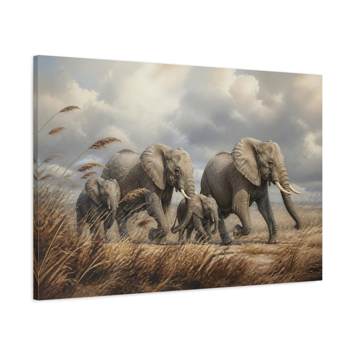 Main Mockup. Moody Luxury Realism Elephants Among Windblown Reeds shown as stretched canvas wall art