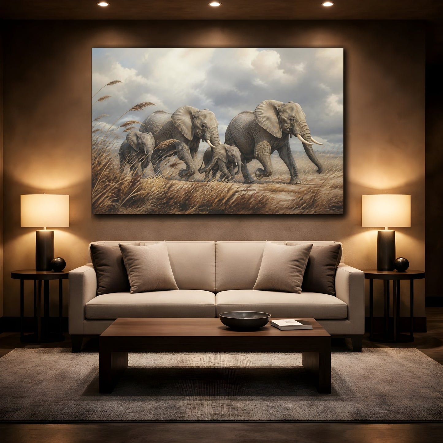 Mockup 2. Moody Luxury Realism Elephants Among Windblown Reeds shown as stretched canvas wall art