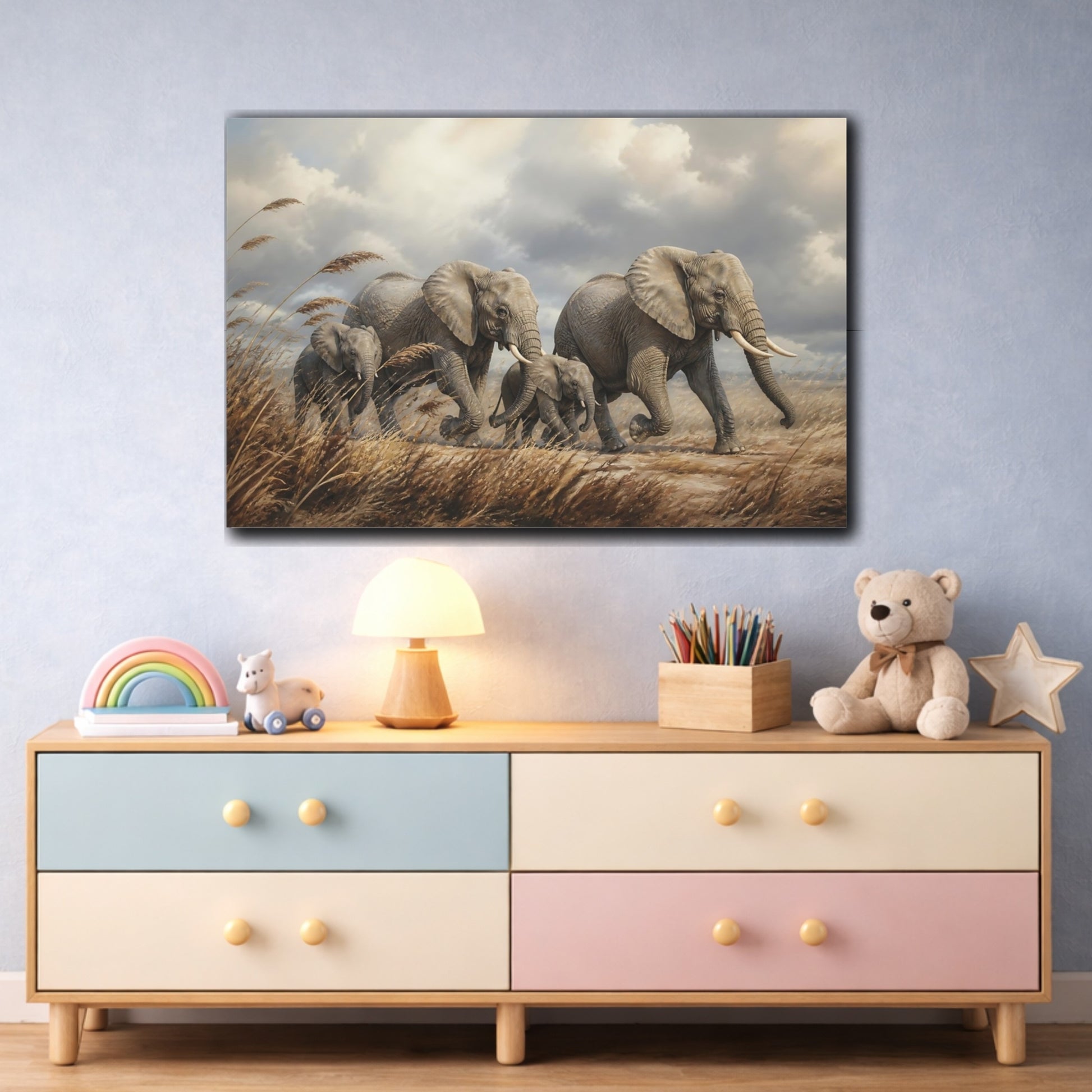 Mockup 3. Moody Luxury Realism Elephants Among Windblown Reeds shown as stretched canvas wall art