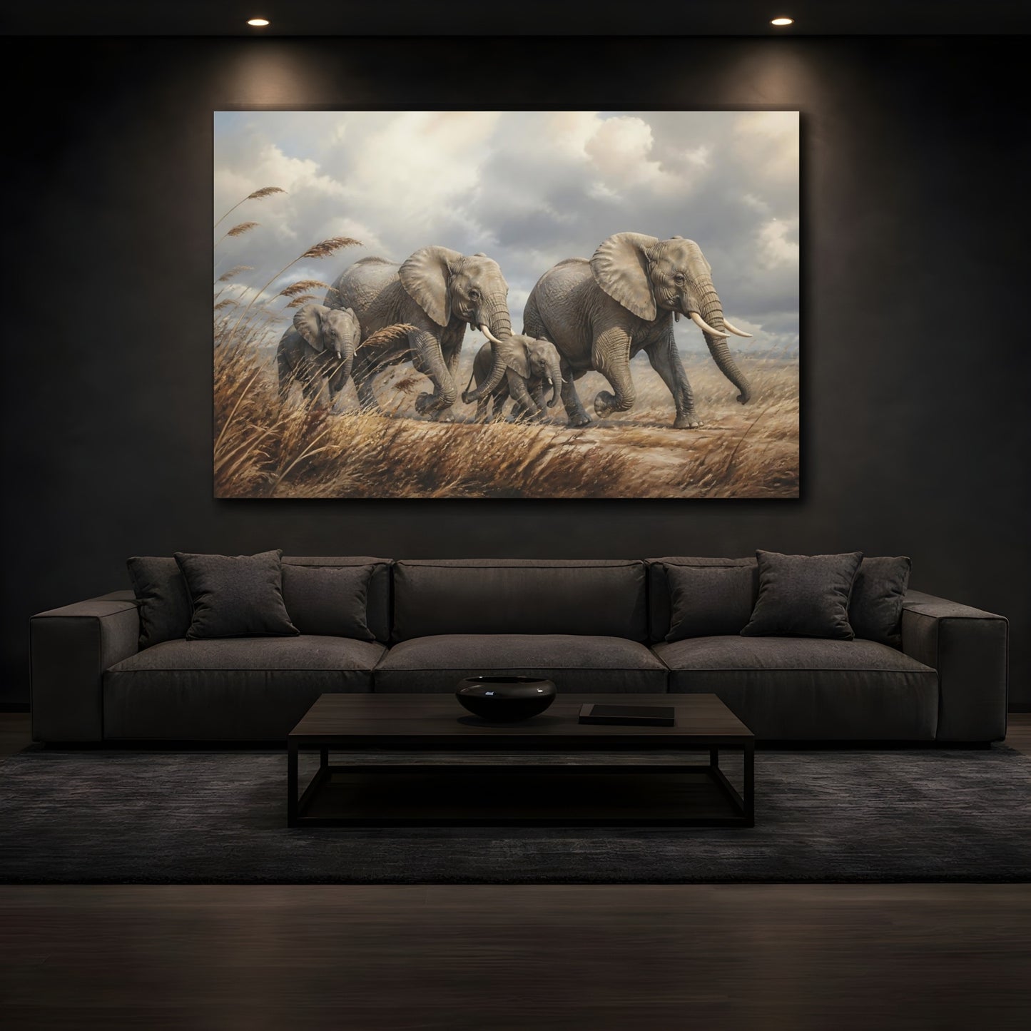 Mockup 4. Moody Luxury Realism Elephants Among Windblown Reeds shown as stretched canvas wall art