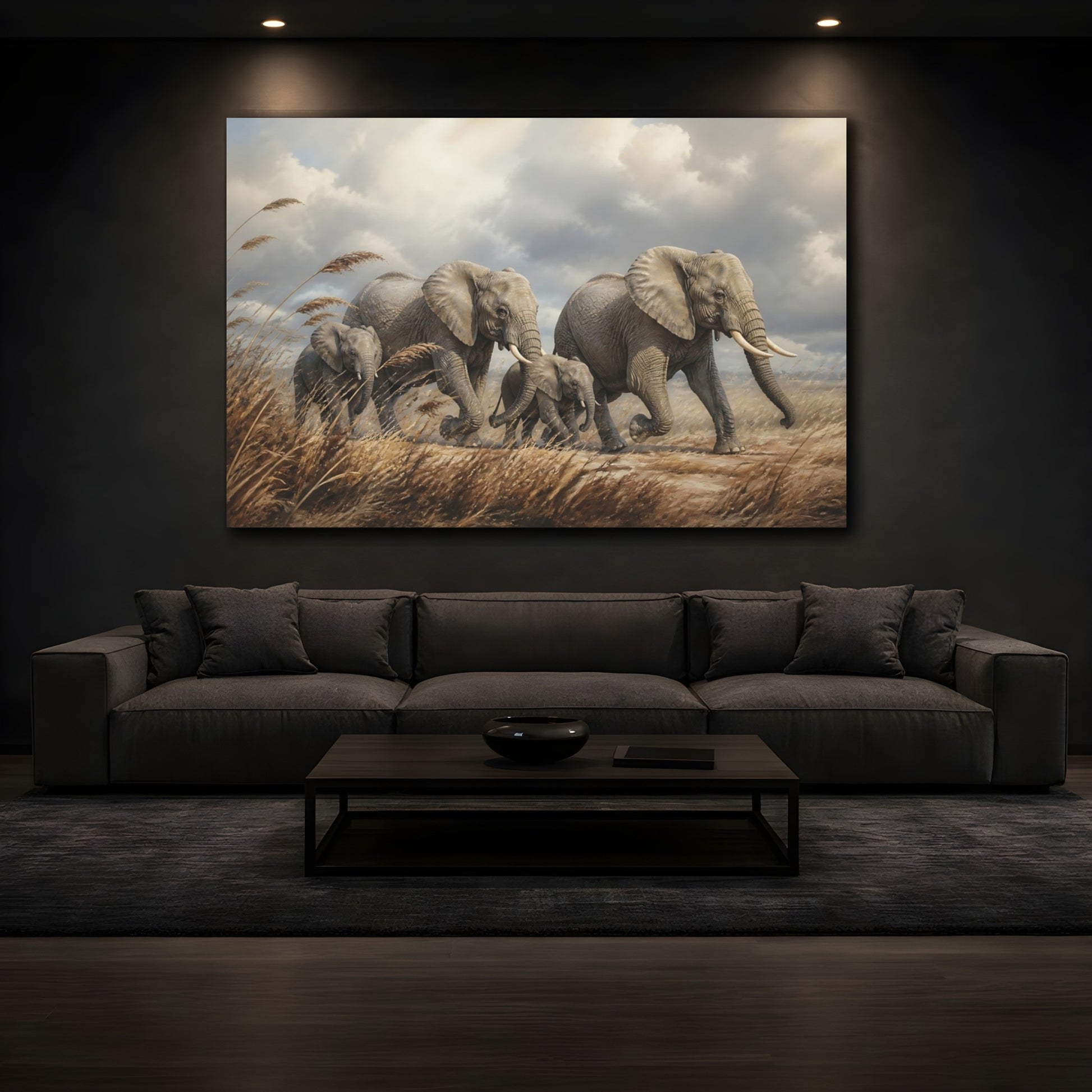Mockup 4. Moody Luxury Realism Elephants Among Windblown Reeds shown as stretched canvas wall art