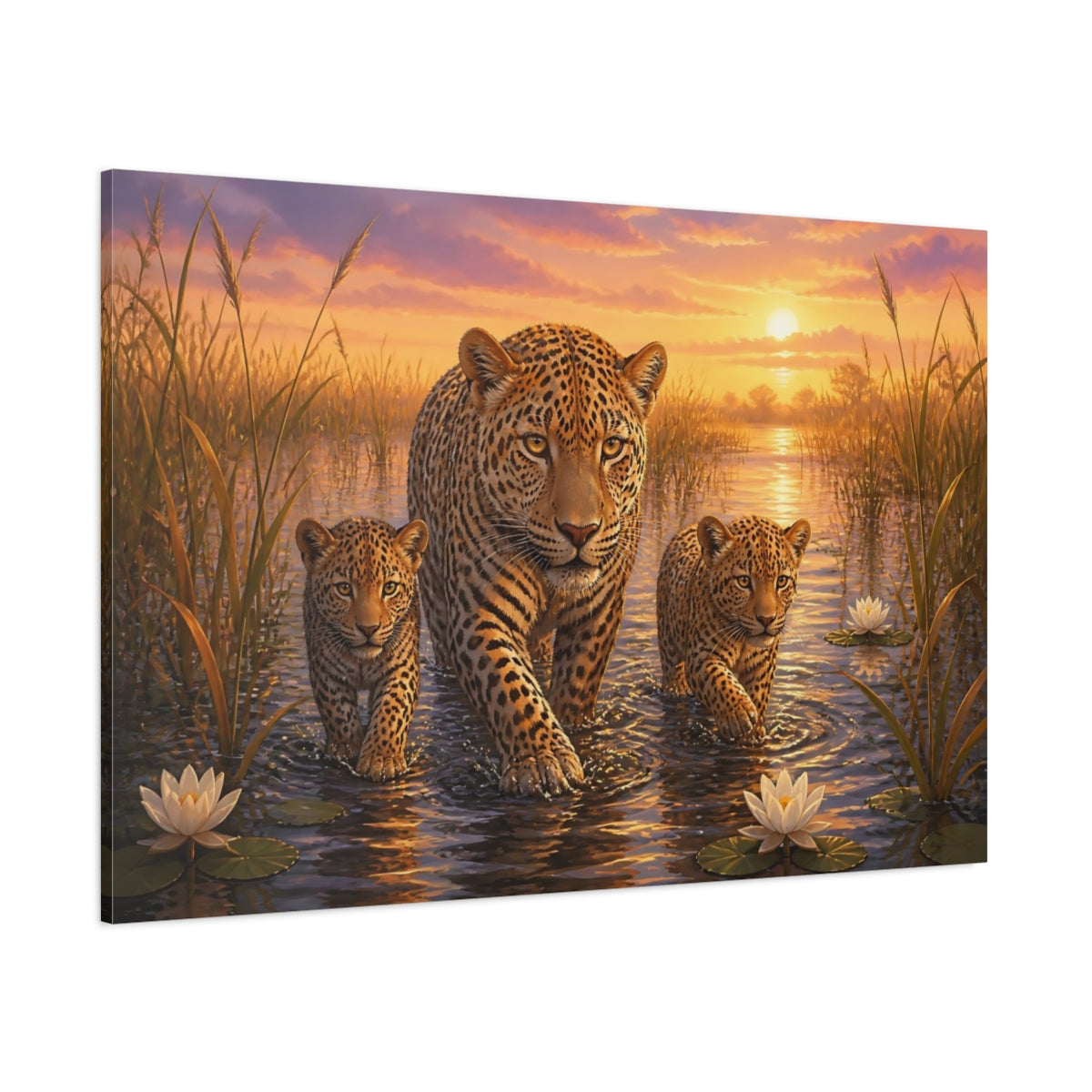 Side Mockup 1. Moody Luxury Realism Leopard Stepping Through River Reeds shown as stretched canvas wall art